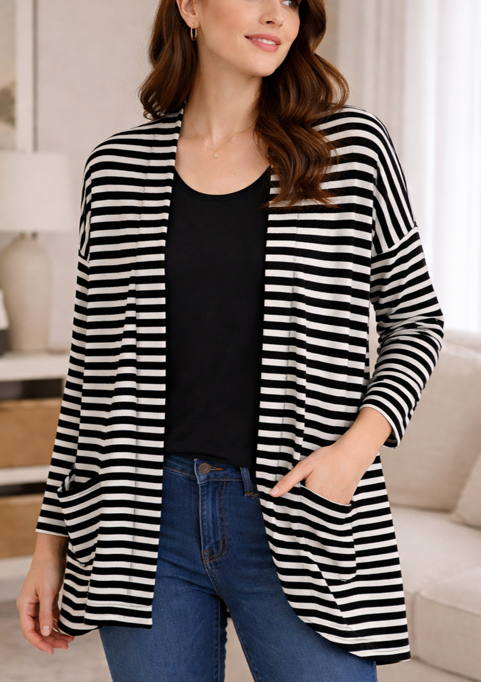 T By Talbots Women's Striped Open Front Cardigan PM Black White Casual Preppy